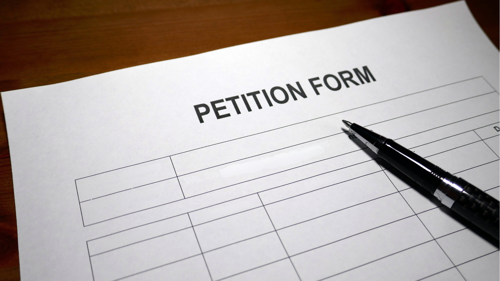 Close up of a pen resting on a petition form.