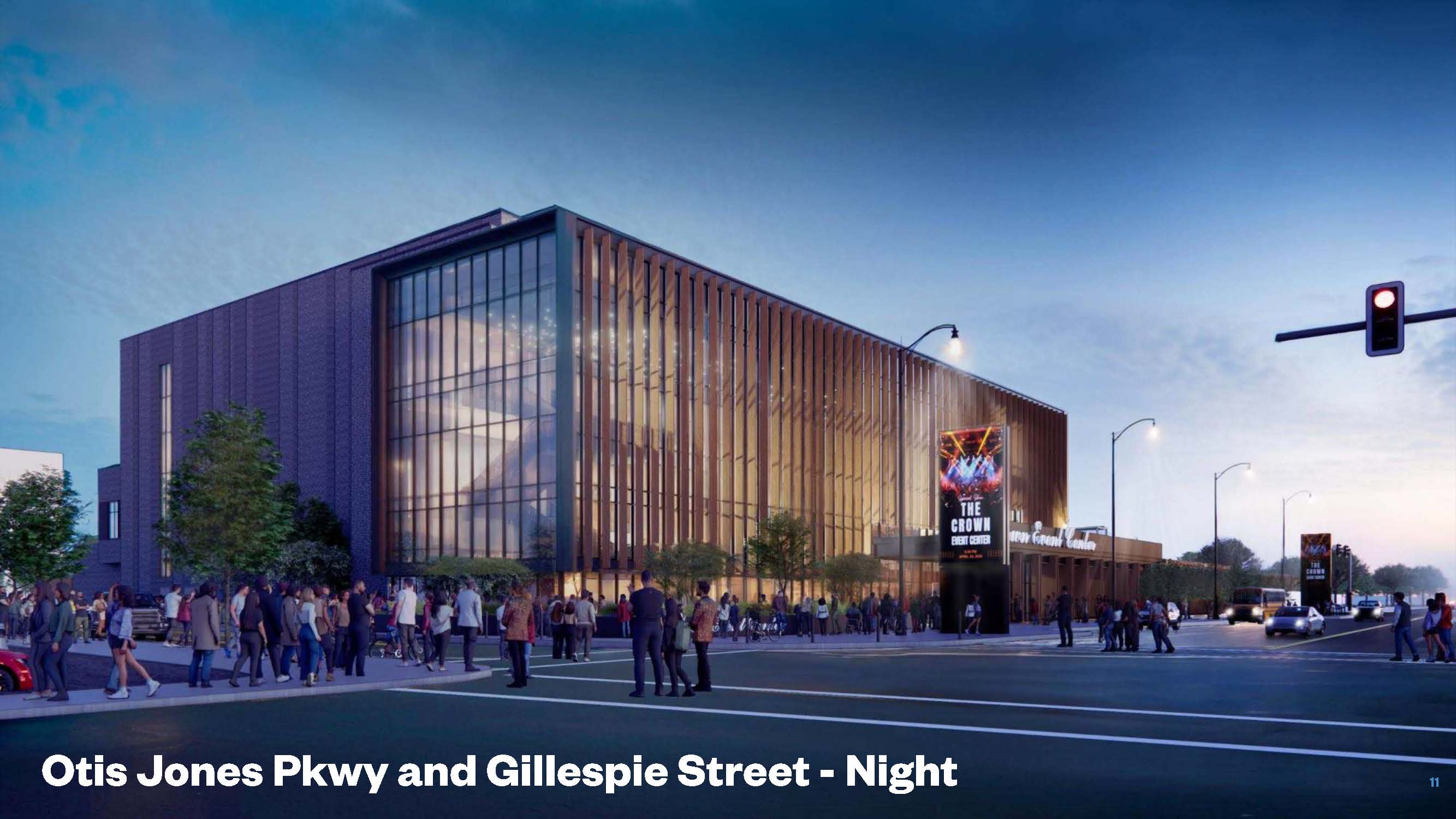 Architect rendering of the Crown Event Center with text: Otis Jones Pkwy and Gillespie Street - Night.