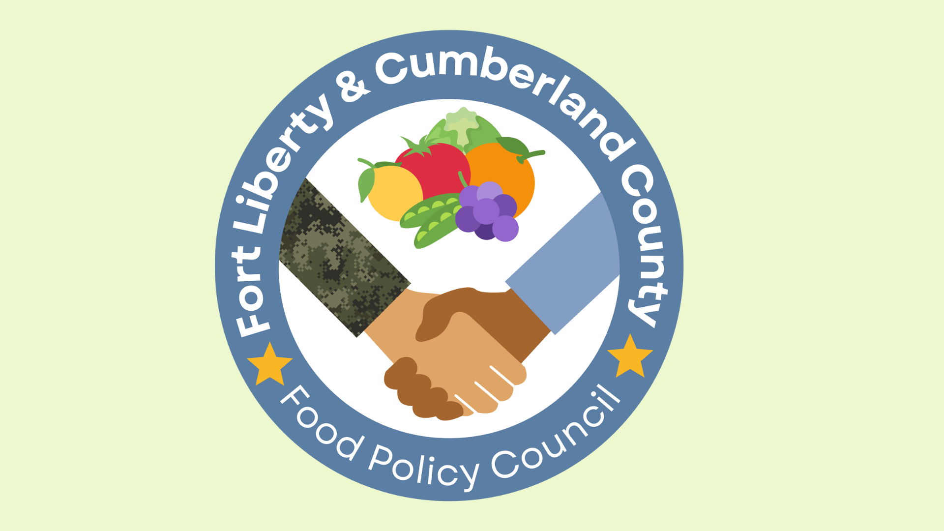 shaking hands with fort liberty and cumberland county food policy council letters arranged in a circle