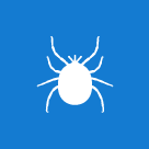White silhouette of a tick on a blue background.