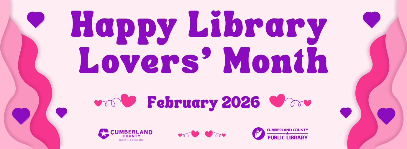 Happy Library Lovers' Month Banner with red, purple and pink.