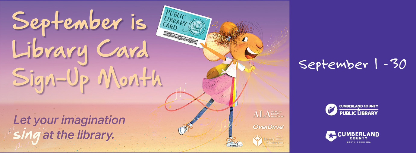 Colorful graphic promoting library card sign up month in September