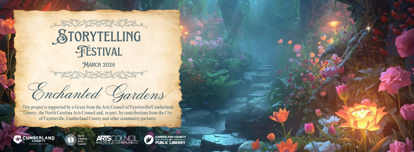 Graphic for the Storytelling Festival, March 2026 – “Enchanted Gardens,” featuring a parchment text panel beside a garden scene.