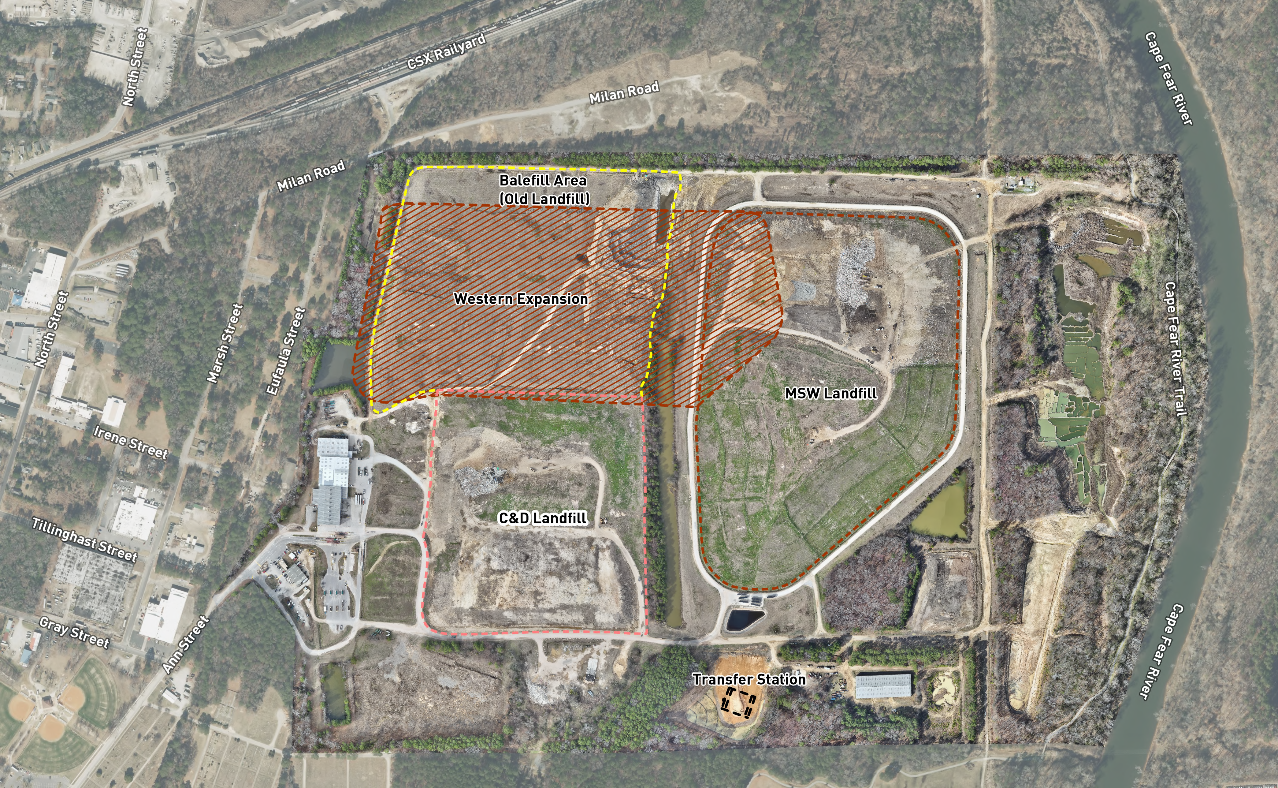 Map of proposed Ann Street Landfill plan. Full description in text below.