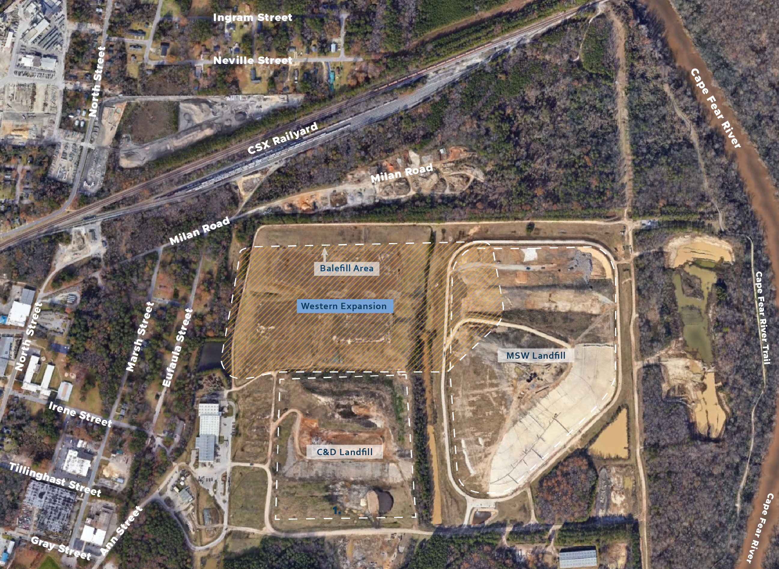 graphic of ann street landfill depicting areas used in future